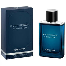 Boucheron Singulier Eau de Parfum for Men bottle and navy box, blue glass bottle with silver cap.